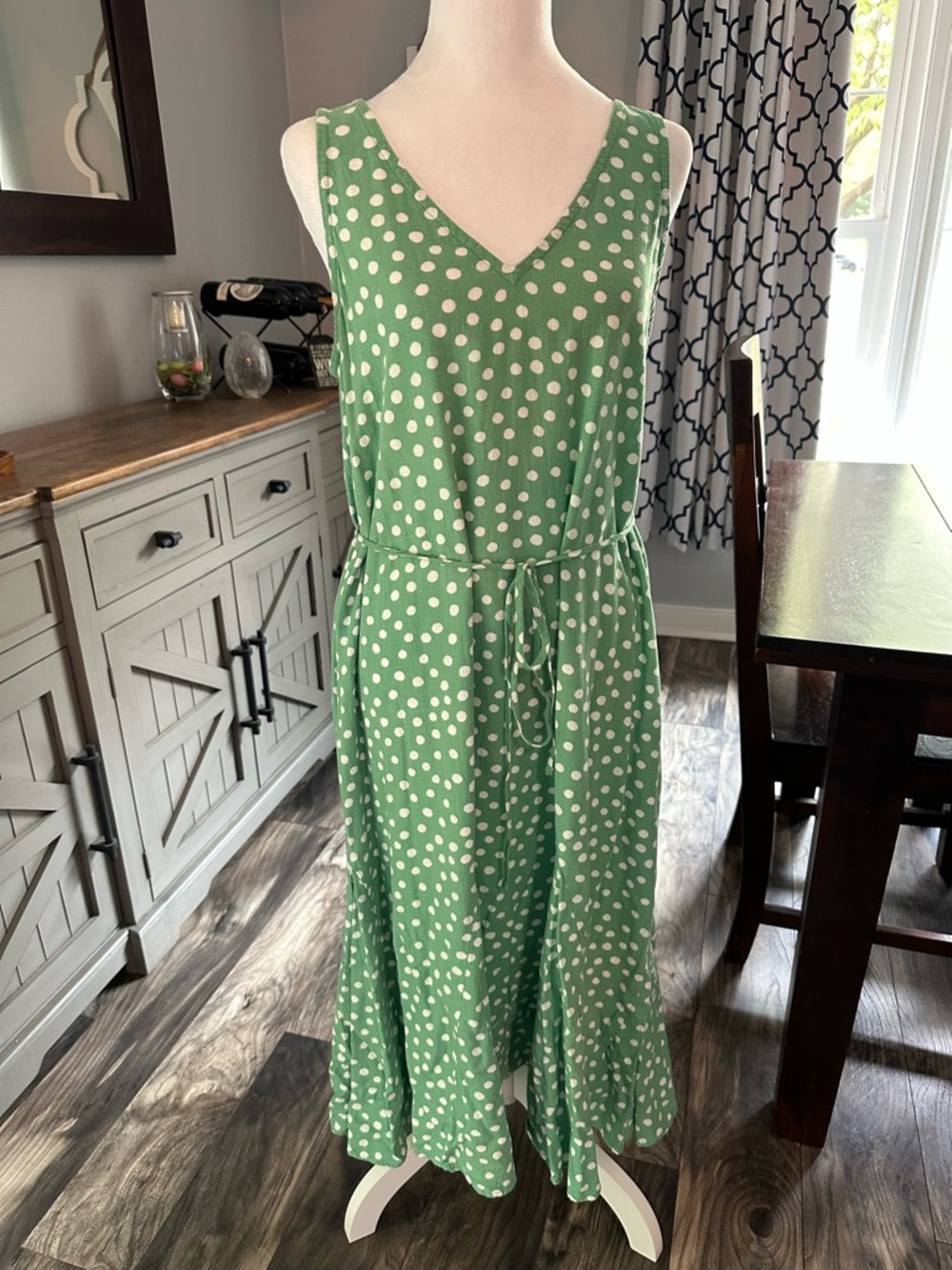 LOFT Green Polka Dot V-Neck Godot Midi Dress with Tie Waist